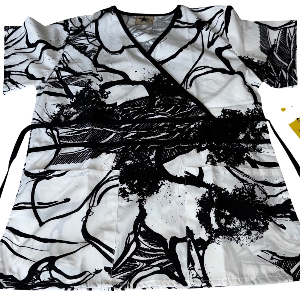 Black Star Women XS Scrub Top Black White Abstract Floral Wrap Back Tie 708